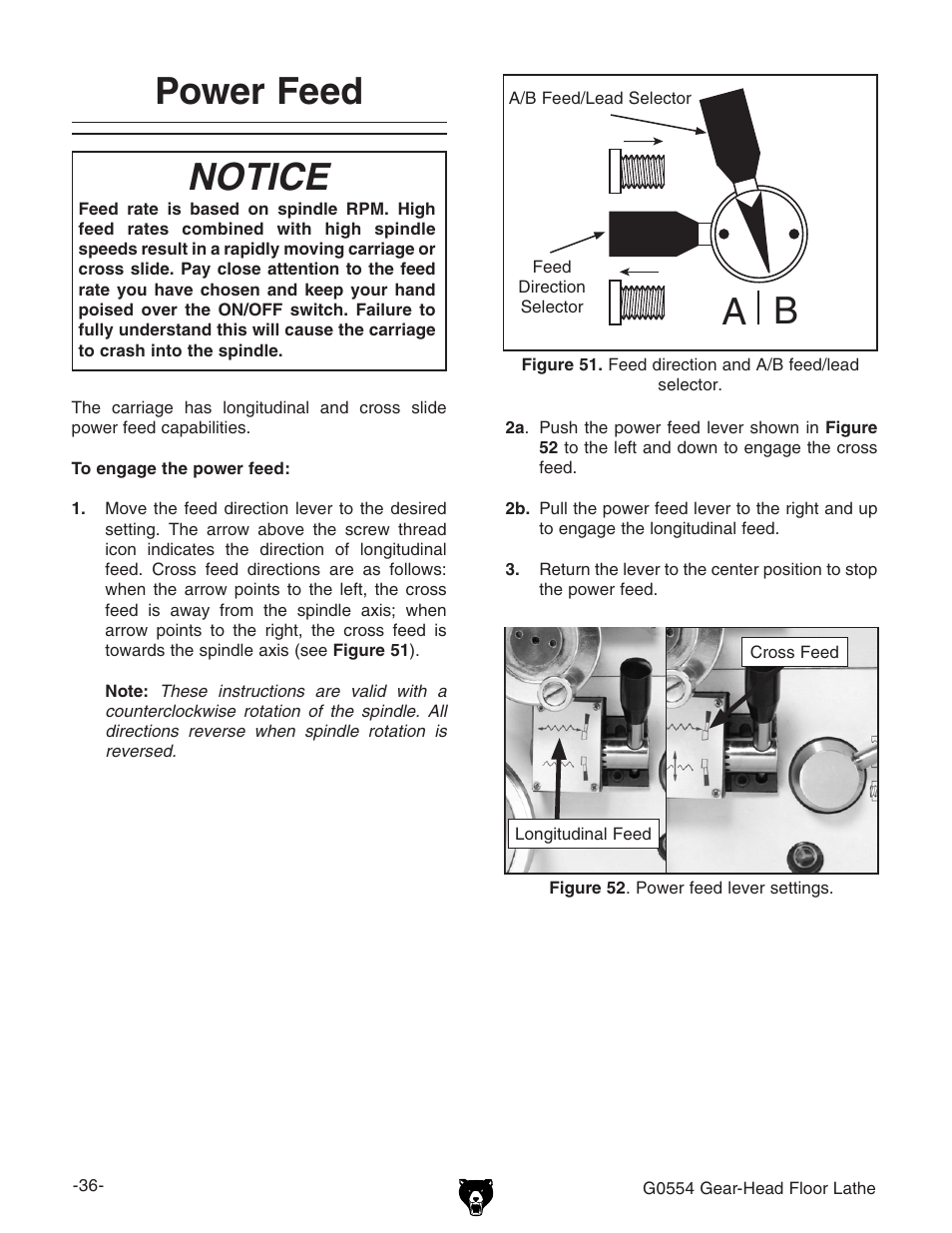 Power feed, Notice | Grizzly G0554 User Manual | Page 38 / 92
