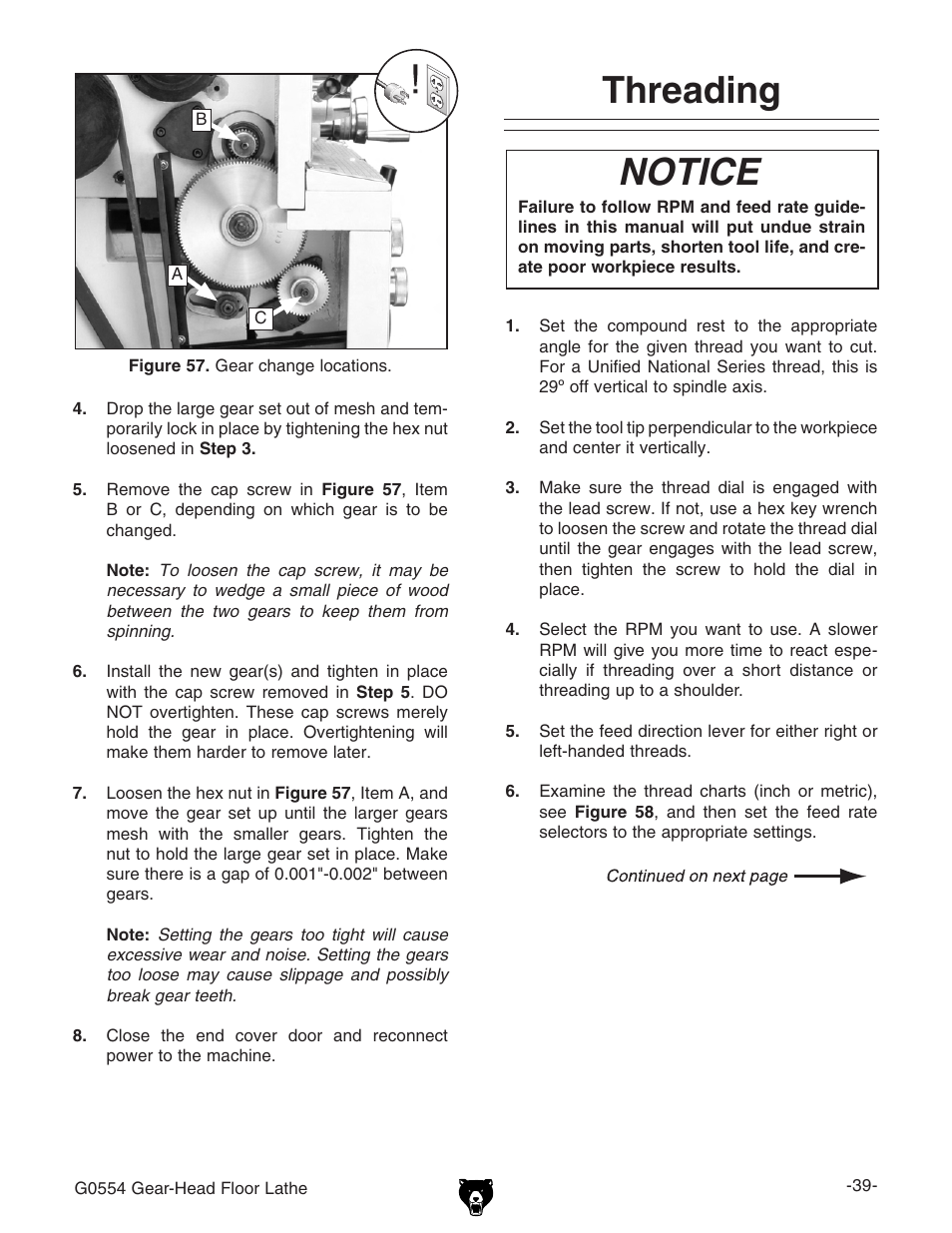 Threading, Notice | Grizzly G0554 User Manual | Page 41 / 92