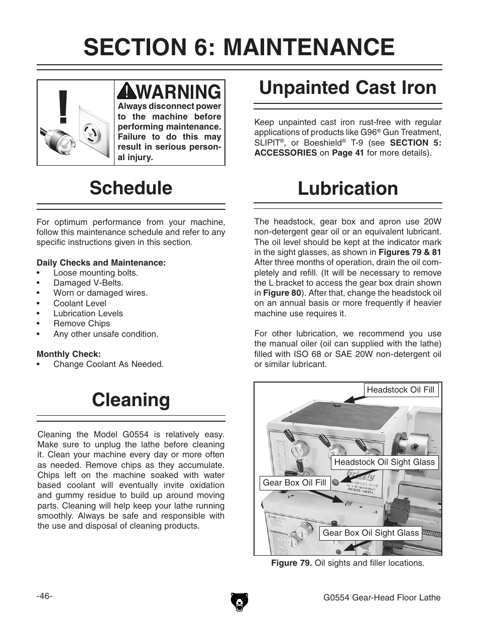 Lubrication, Cleaning, Unpainted cast iron | Schedule | Grizzly G0554 User Manual | Page 48 / 92
