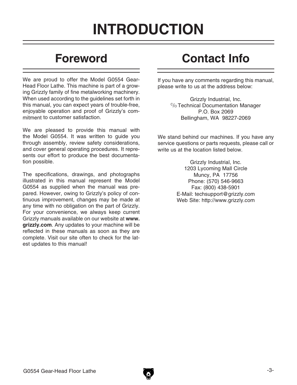 Introduction, Foreword, Contact info | Grizzly G0554 User Manual | Page 5 / 92