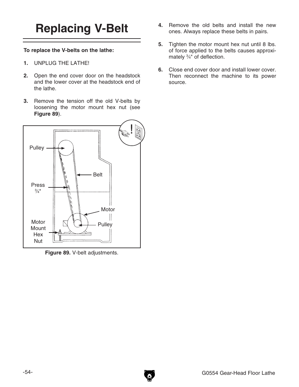 Replacing v-belt | Grizzly G0554 User Manual | Page 56 / 92