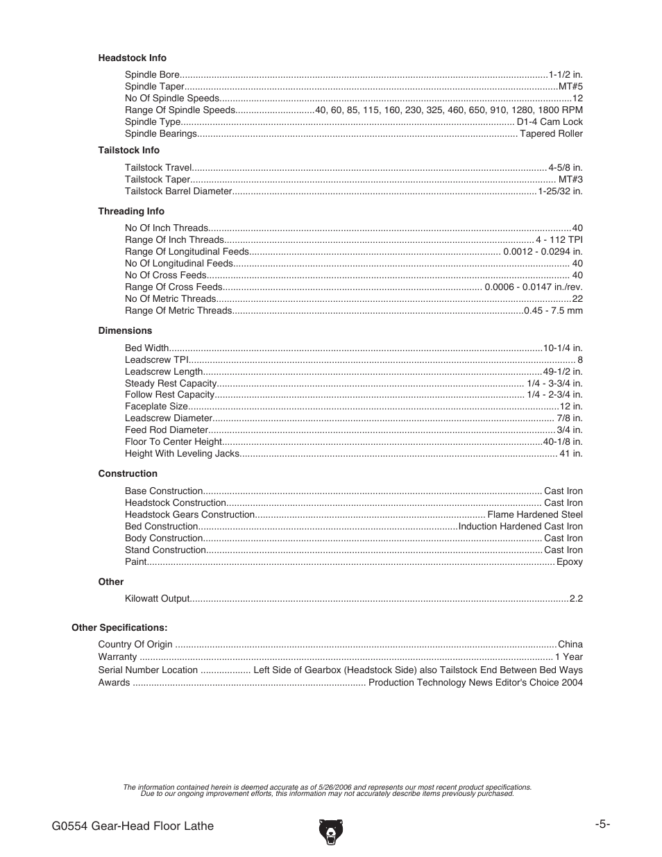 Grizzly G0554 User Manual | Page 7 / 92