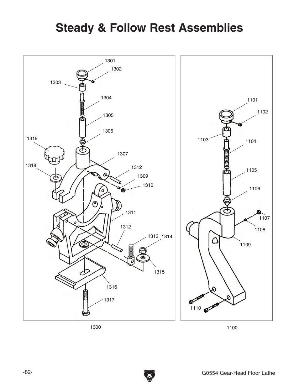 Steady & follow rest assemblies | Grizzly G0554 User Manual | Page 84 / 92