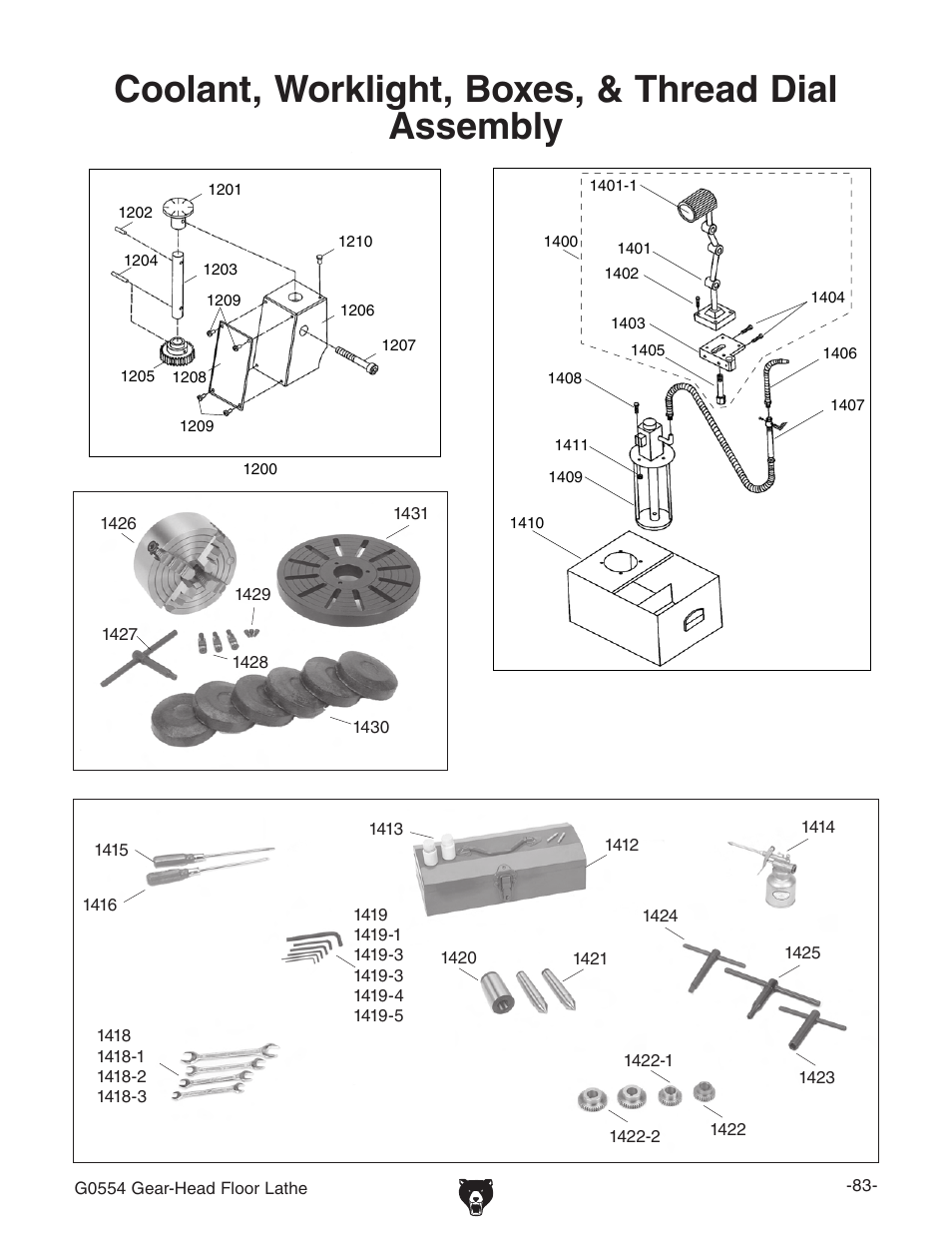 Coolant, worklight, boxes, & thread dial assembly | Grizzly G0554 User Manual | Page 85 / 92