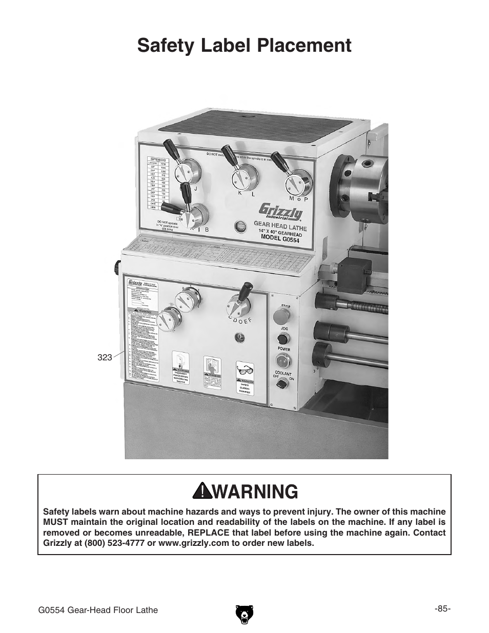 Safety label placement | Grizzly G0554 User Manual | Page 87 / 92