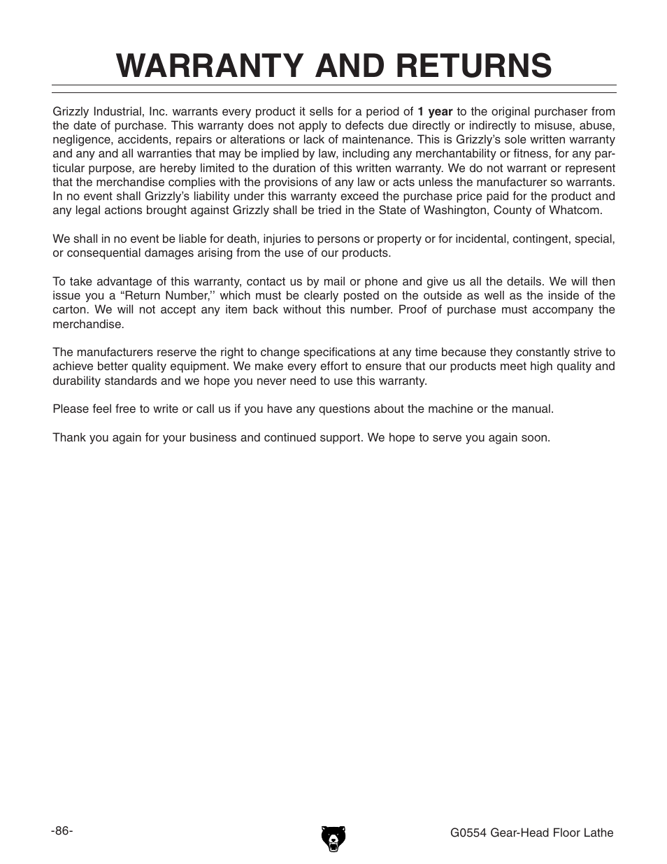 Warranty and returns | Grizzly G0554 User Manual | Page 88 / 92