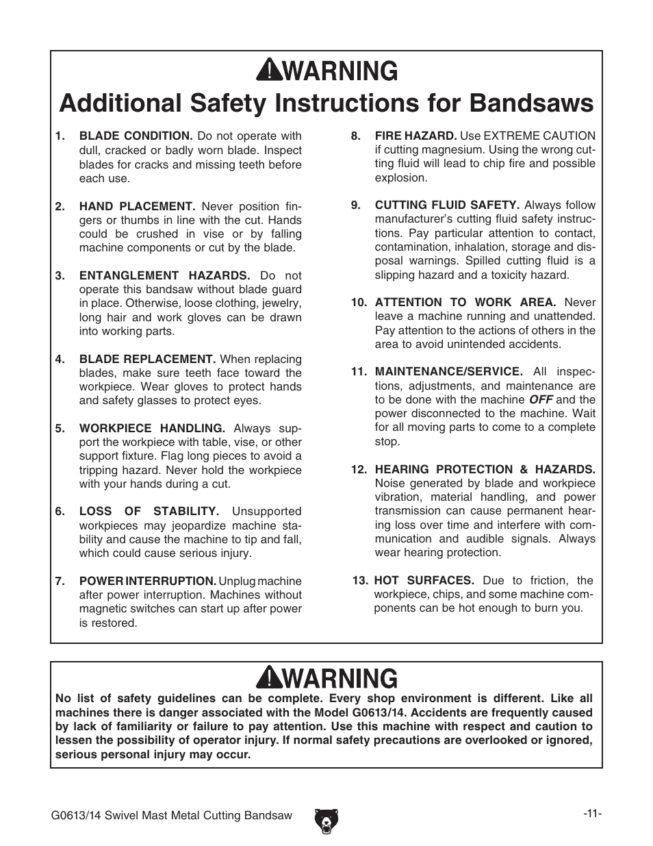 Additional safety instructions for bandsaws | Grizzly G0613/G0614 User Manual | Page 13 / 68