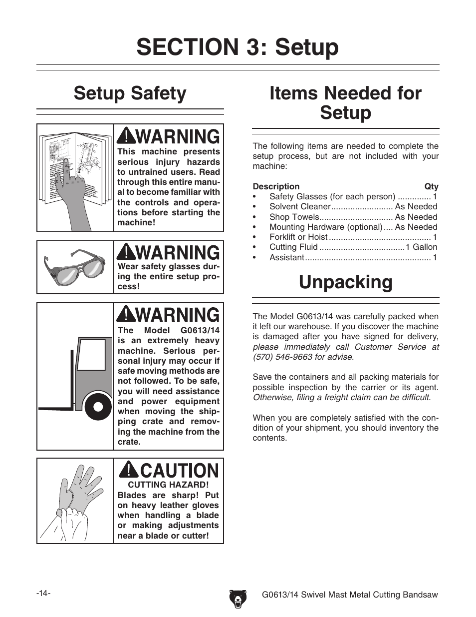 Unpacking setup safety, Items needed for setup | Grizzly G0613/G0614 User Manual | Page 16 / 68