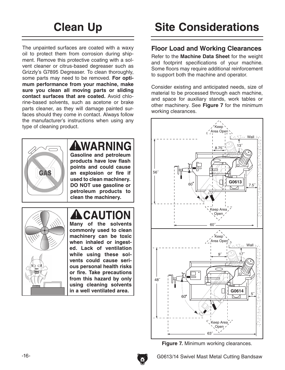 Site considerations clean up, Floor load and working clearances | Grizzly G0613/G0614 User Manual | Page 18 / 68