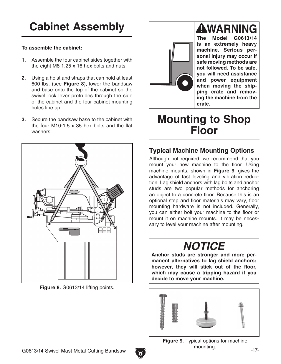 Mounting to shop floor notice, Cabinet assembly | Grizzly G0613/G0614 User Manual | Page 19 / 68