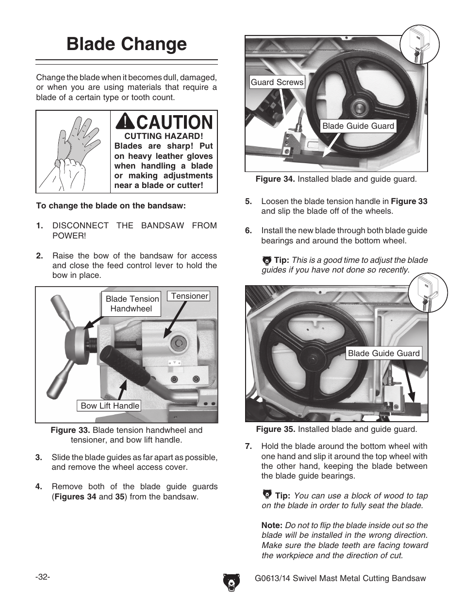 Blade change | Grizzly G0613/G0614 User Manual | Page 34 / 68