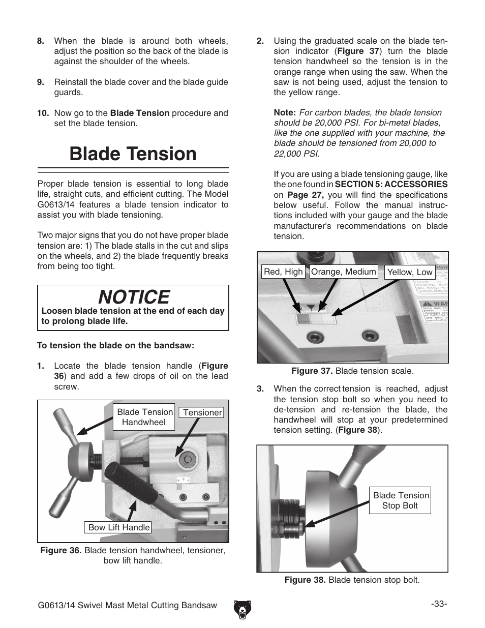 Blade tension notice | Grizzly G0613/G0614 User Manual | Page 35 / 68
