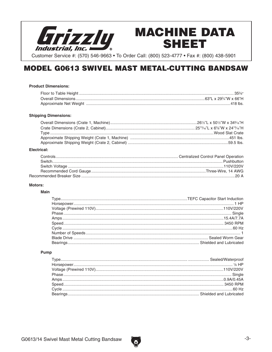 Machine data sheet, Model g0613 swivel mast metal-cutting bandsaw | Grizzly G0613/G0614 User Manual | Page 5 / 68