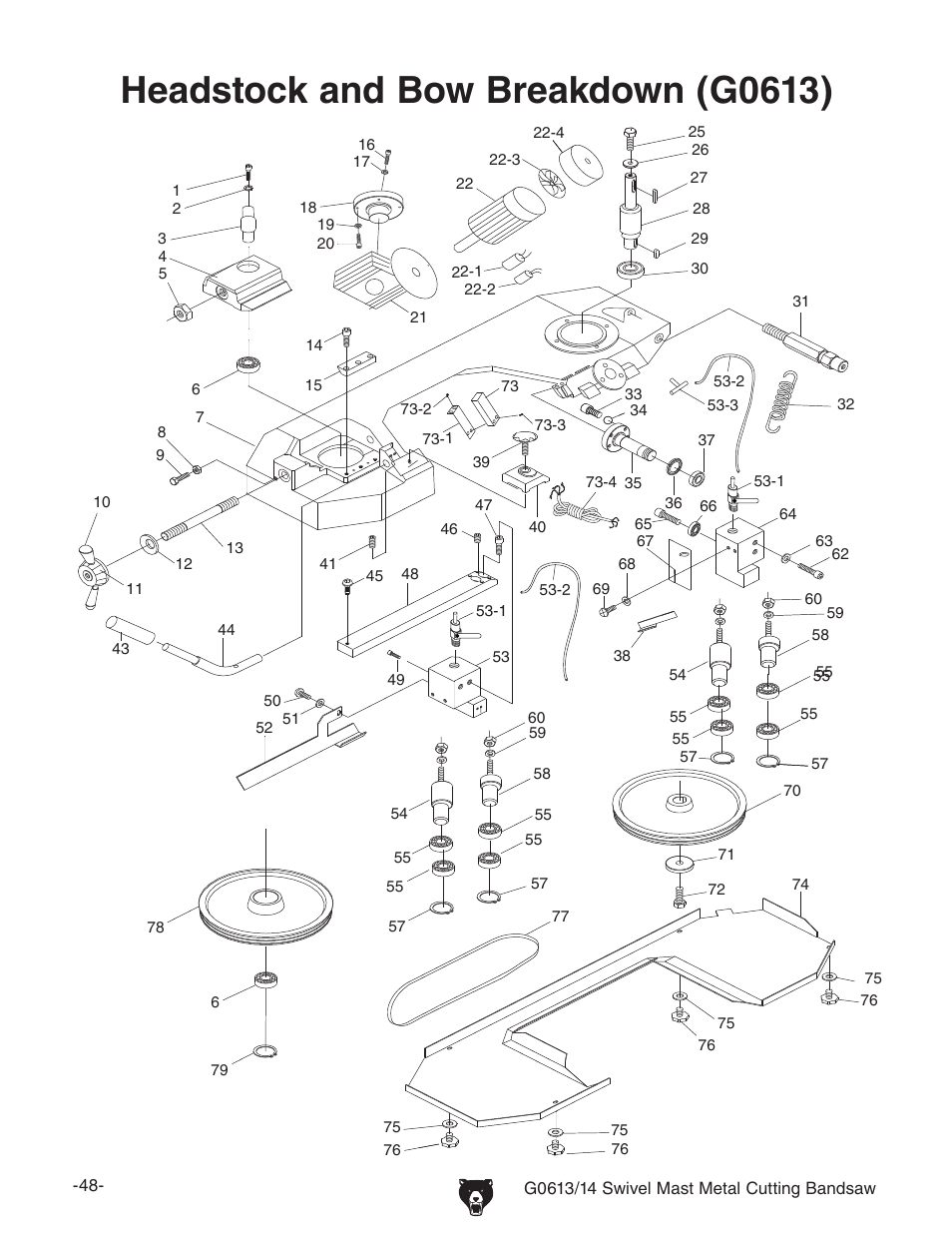 Headstock and bow breakdown (g0613) | Grizzly G0613/G0614 User Manual | Page 50 / 68