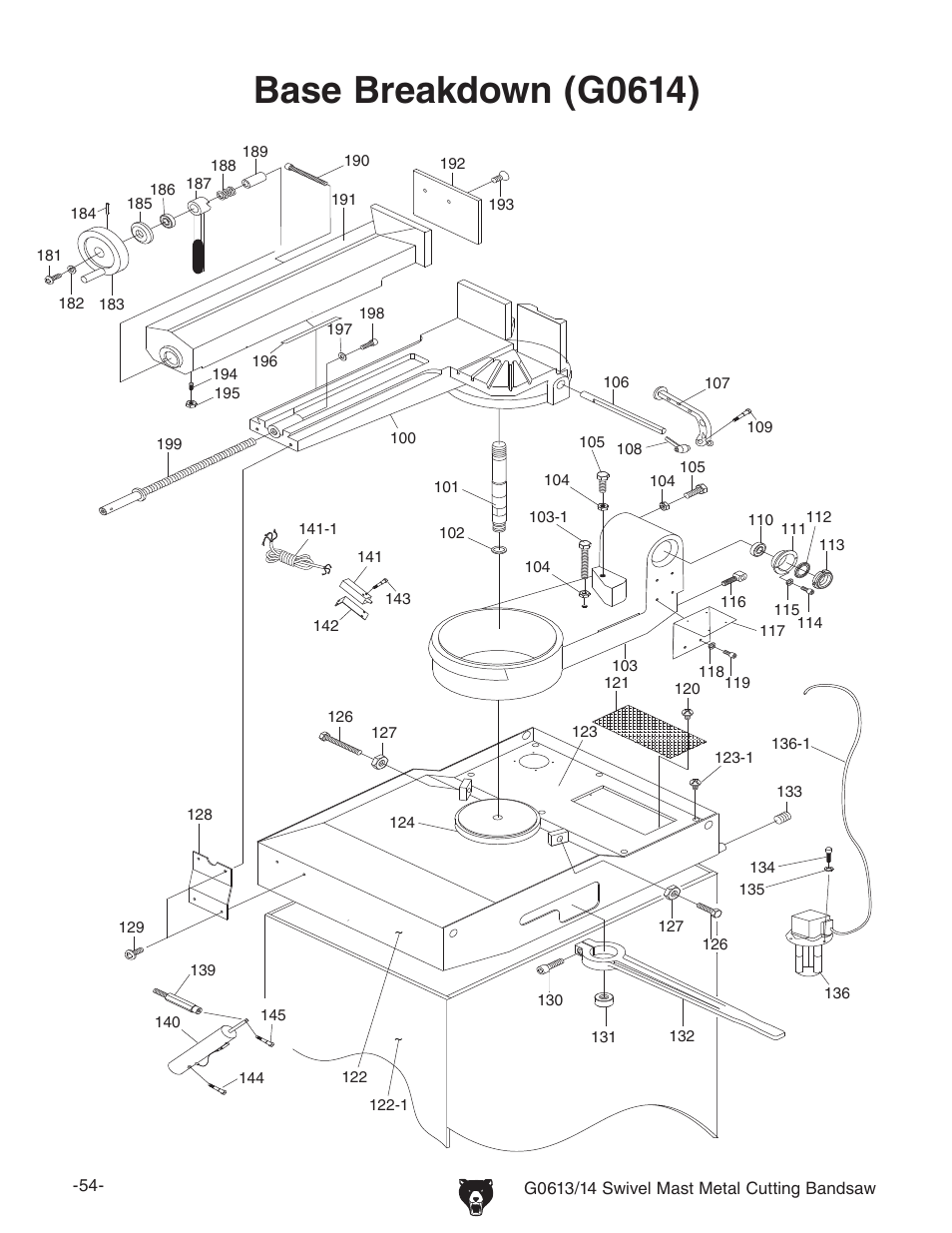 Base breakdown (g0614) | Grizzly G0613/G0614 User Manual | Page 56 / 68