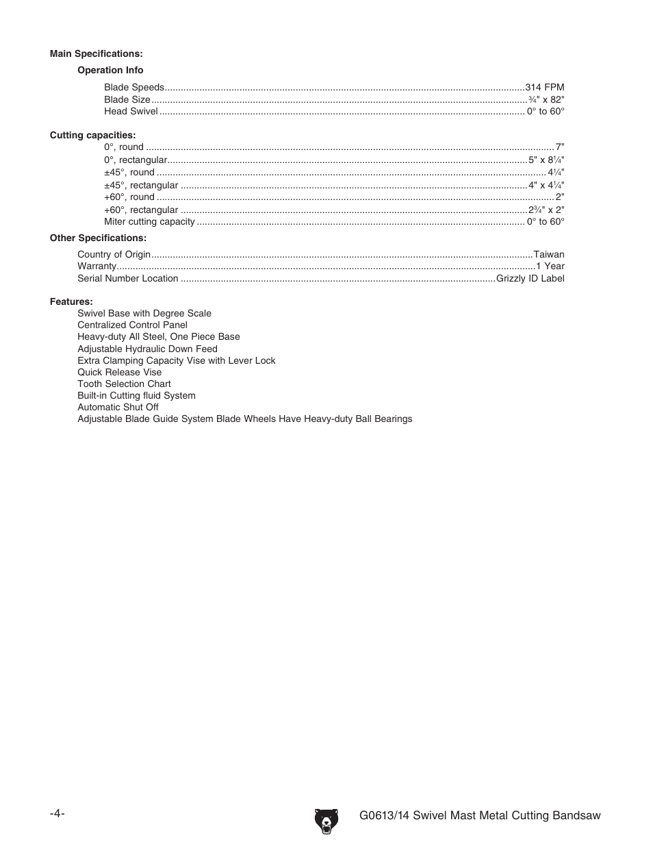 Grizzly G0613/G0614 User Manual | Page 6 / 68