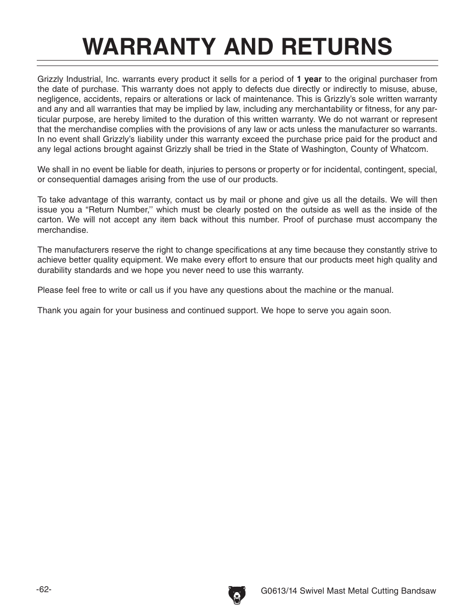 Warranty and returns | Grizzly G0613/G0614 User Manual | Page 64 / 68