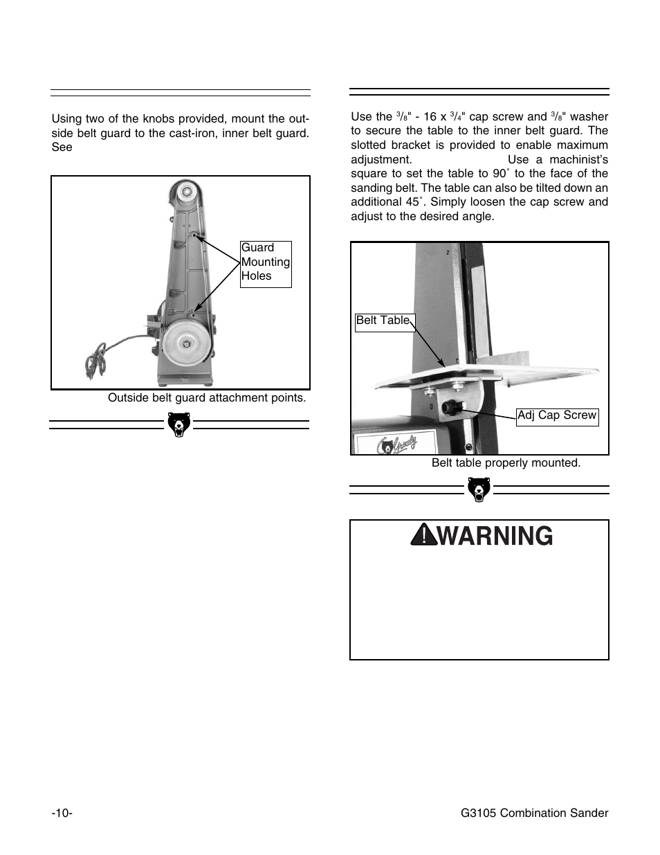 Outside belt guard, Belt table | Grizzly G3105 User Manual | Page 12 / 26