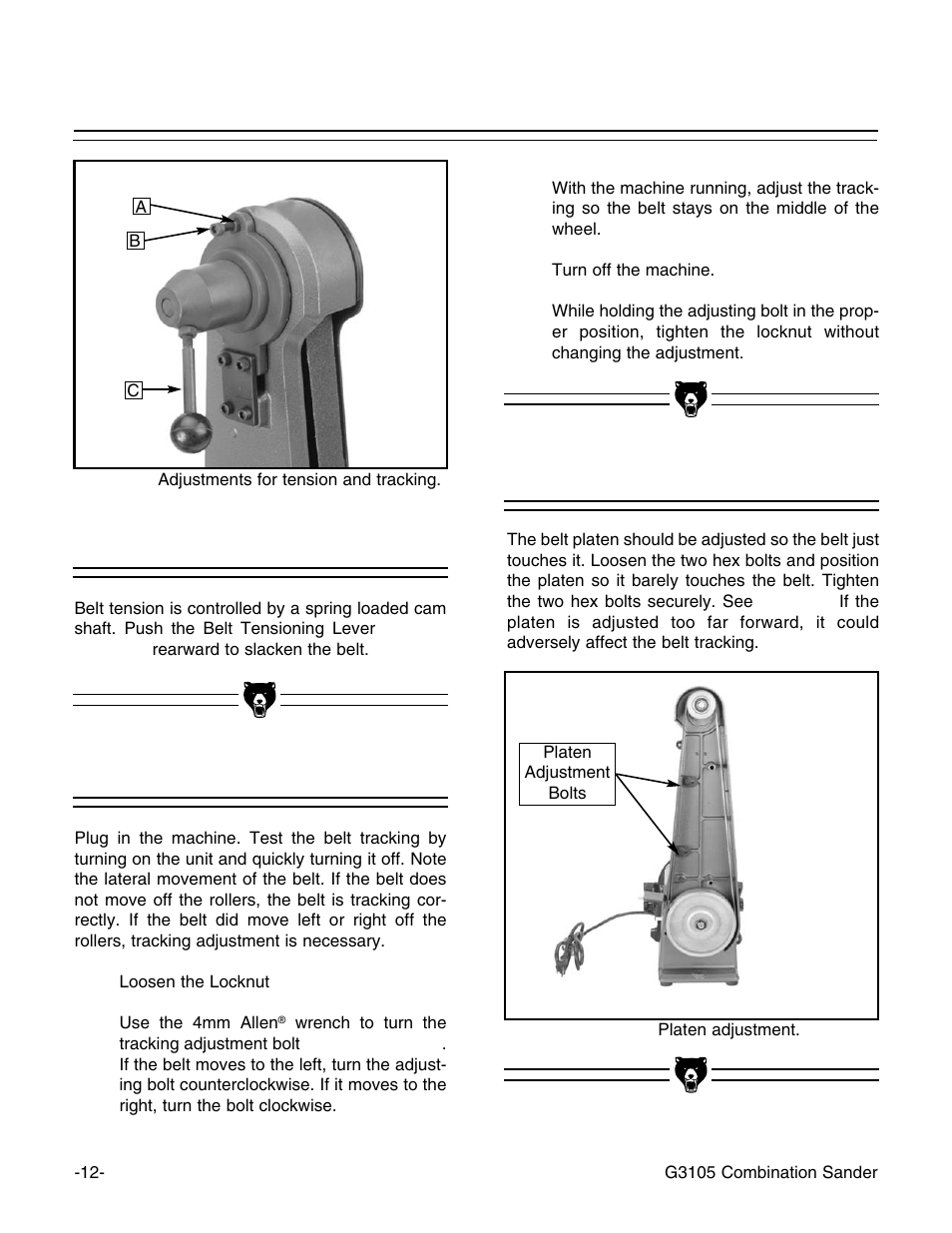 Belt tension, Belt tracking, Belt platen | Grizzly G3105 User Manual | Page 14 / 26