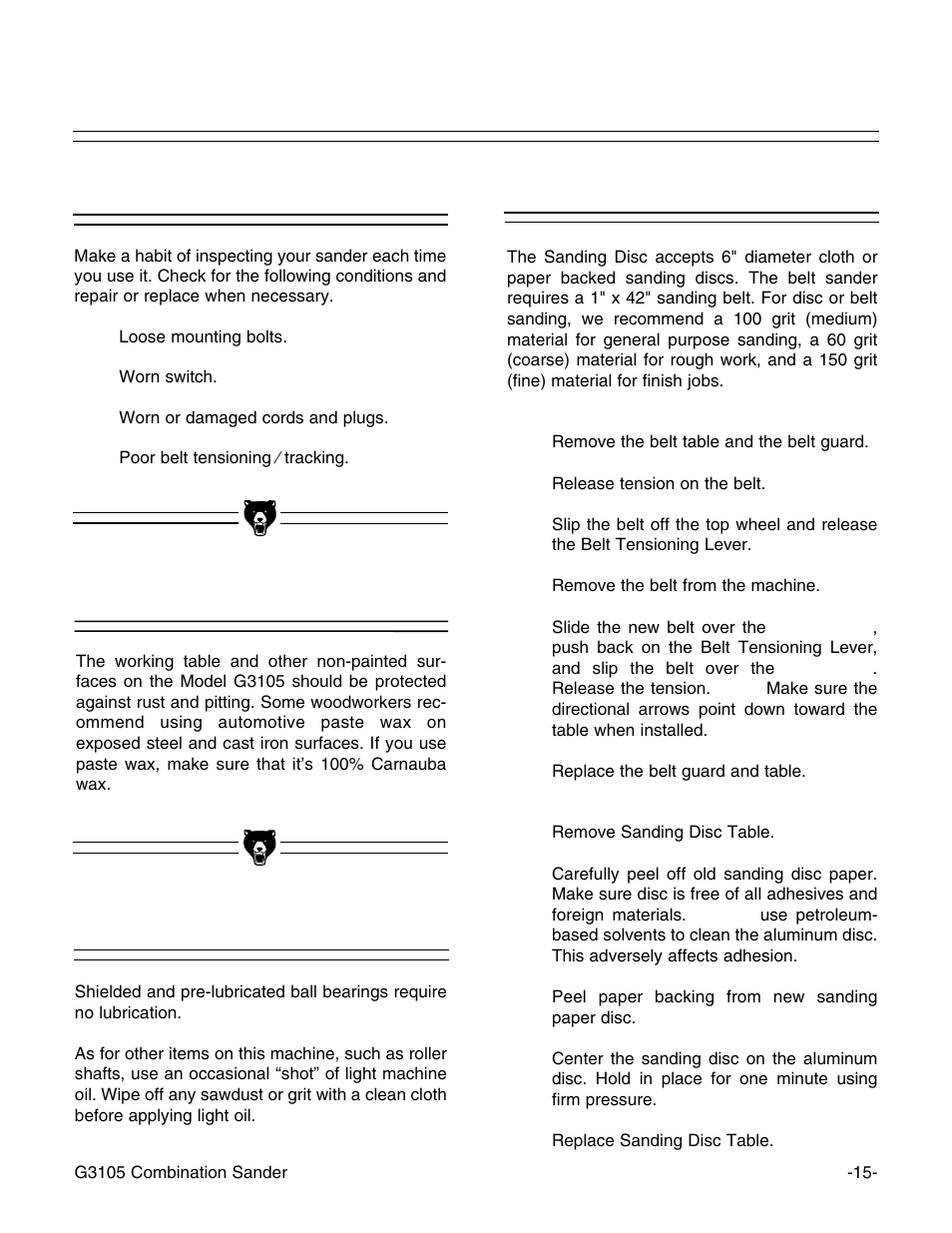 General, Lubrication sander tables belts and discs | Grizzly G3105 User Manual | Page 17 / 26