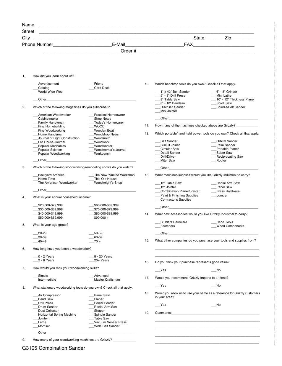 Warranty card, G3105 combination sander | Grizzly G3105 User Manual | Page 25 / 26