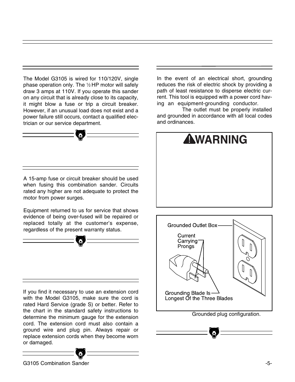 110v operation, Fusing, Extension cords grounding | Grizzly G3105 User Manual | Page 7 / 26