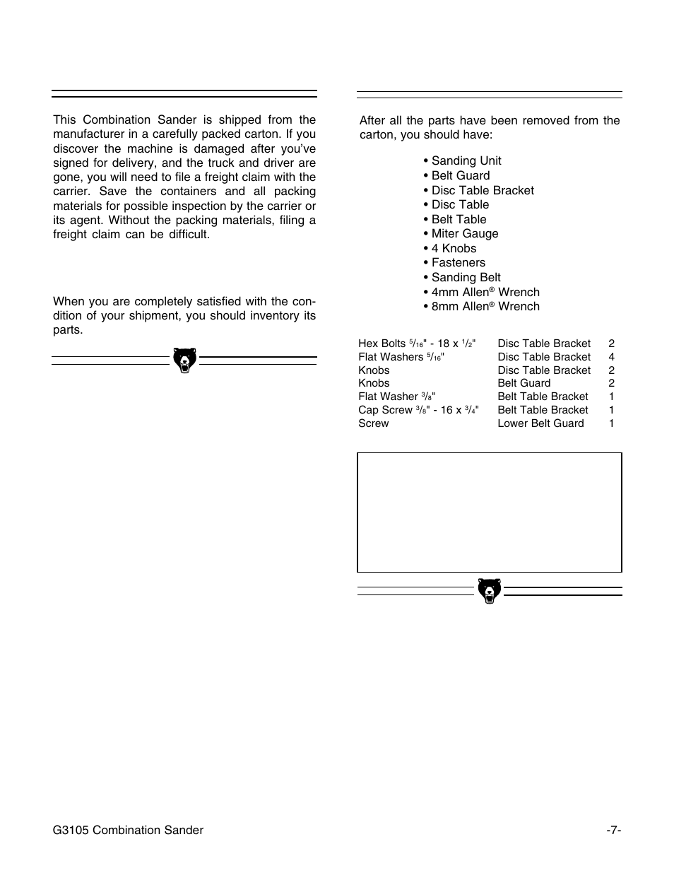 Unpacking, Parts inventory, Notice | Grizzly G3105 User Manual | Page 9 / 26