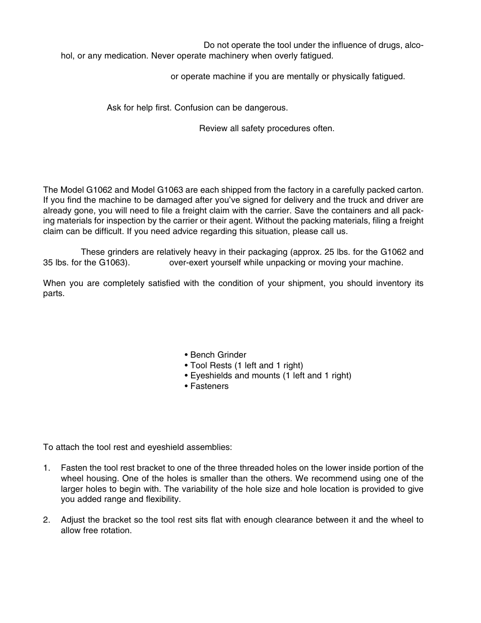 Iv. unpacking, V. piece inventory, Vi. assembly | Grizzly G1062 User Manual | Page 7 / 13