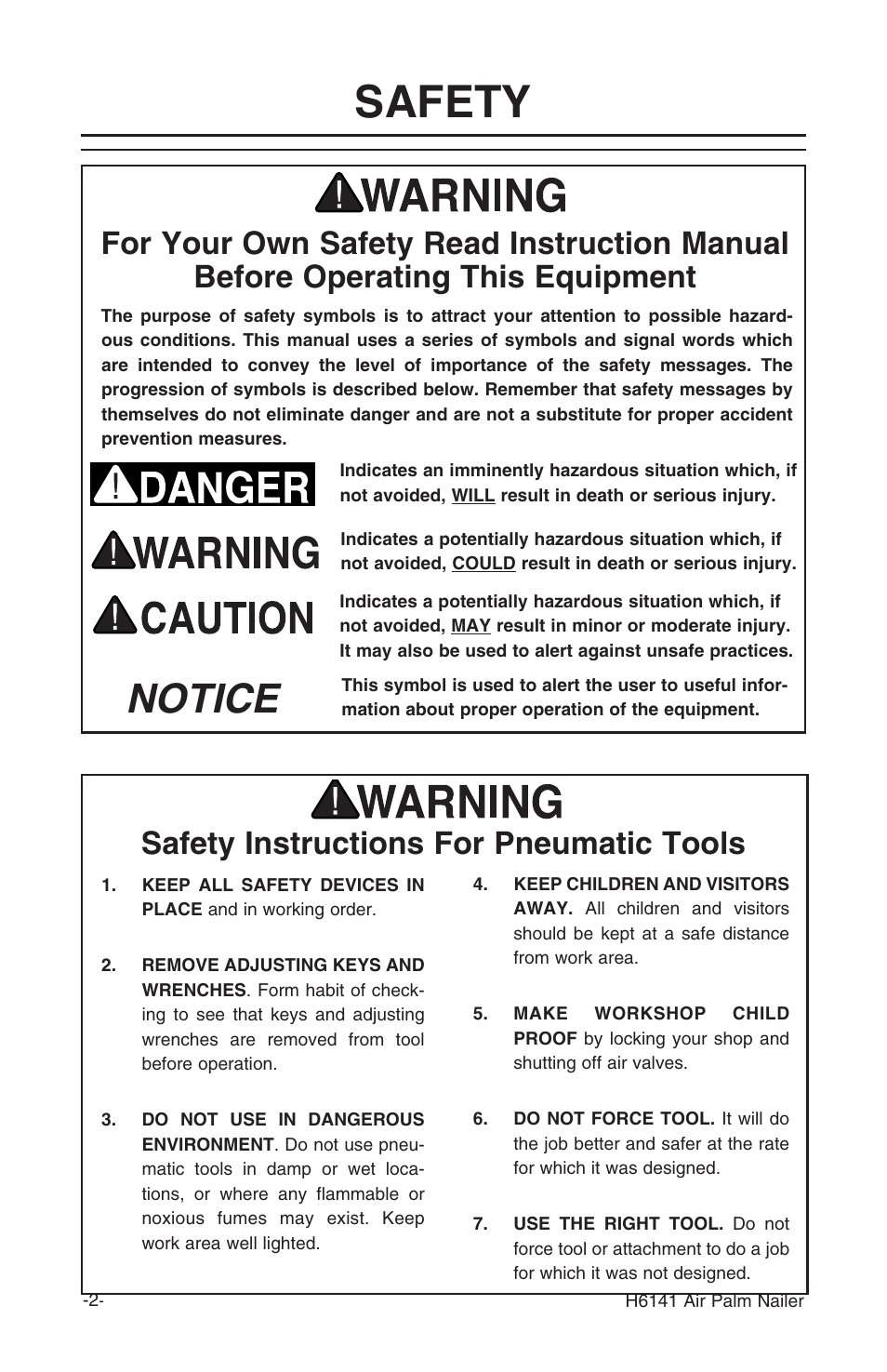 Safety, Notice, Safety instructions for pneumatic tools | Grizzly H6141 User Manual | Page 2 / 16
