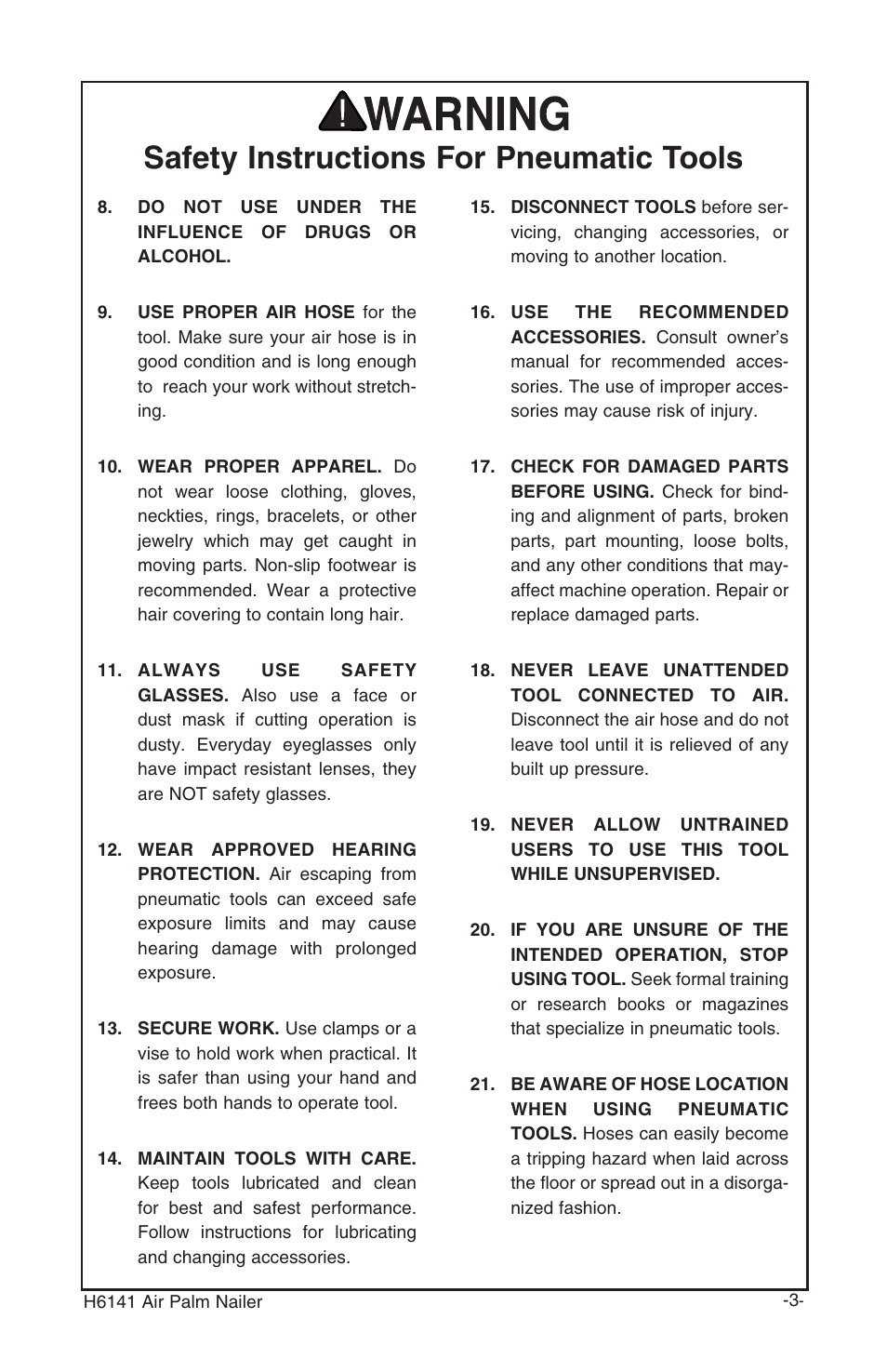 Safety instructions for pneumatic tools | Grizzly H6141 User Manual | Page 3 / 16