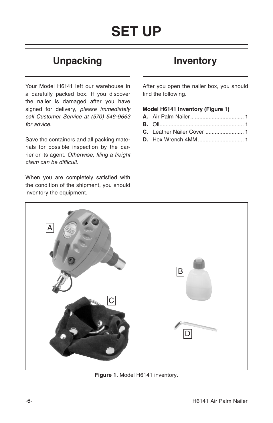 Set up, Unpacking, Inventory | Grizzly H6141 User Manual | Page 6 / 16
