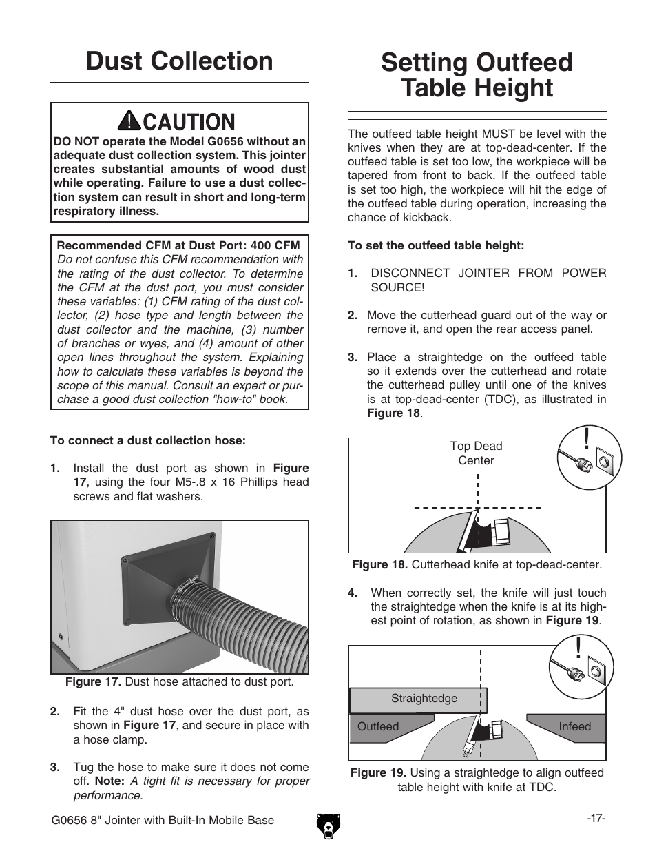 Dust collection, Setting outfeed table height | Grizzly G0656 User Manual | Page 19 / 52