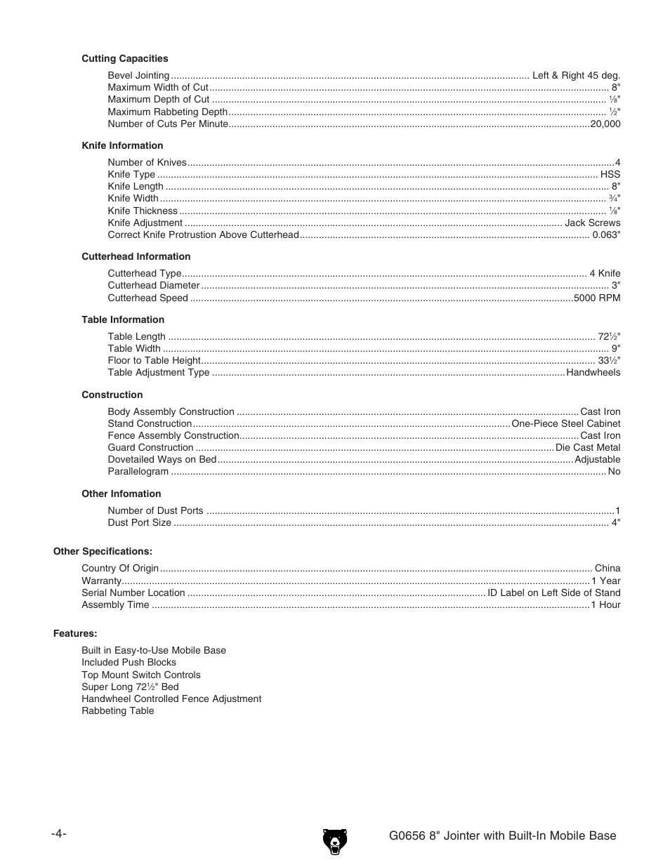 Grizzly G0656 User Manual | Page 6 / 52
