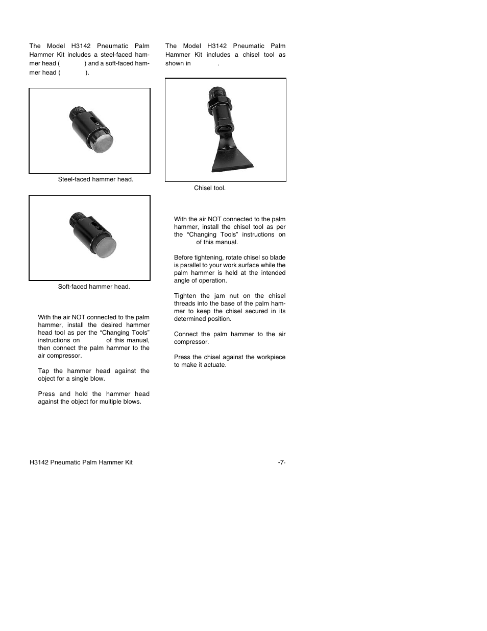 Hammer head tools, Chisel tool | Grizzly Model H3142 User Manual | Page 9 / 16