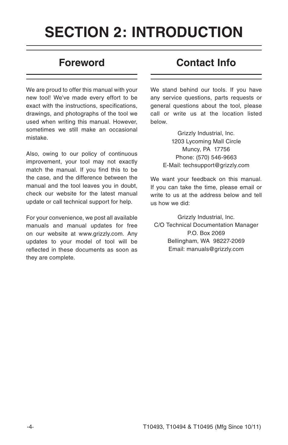 Foreword contact info | Grizzly 4" User Manual | Page 6 / 24