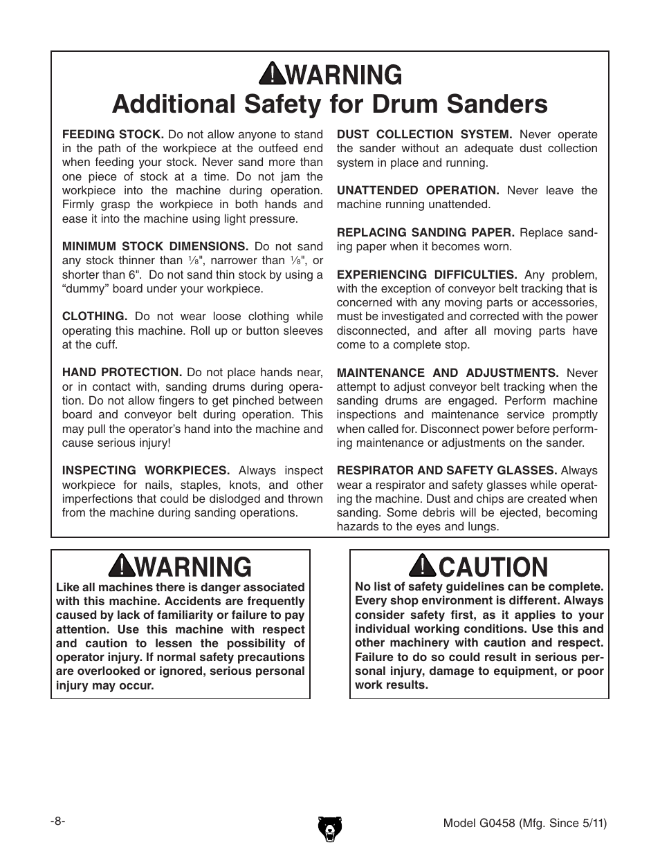 Additional safety for drum sanders | Grizzly G0458 User Manual | Page 10 / 48