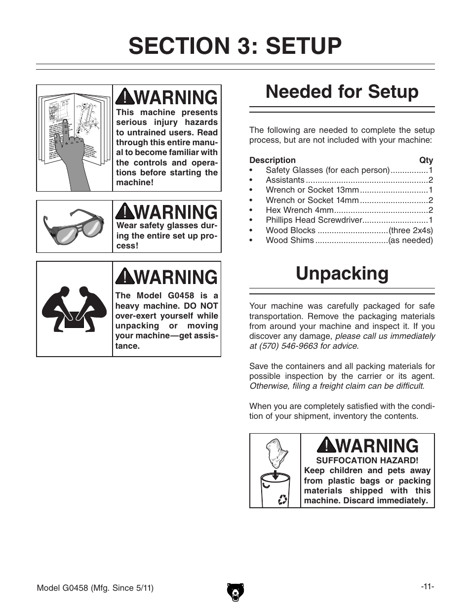 Needed for setup, Unpacking | Grizzly G0458 User Manual | Page 13 / 48