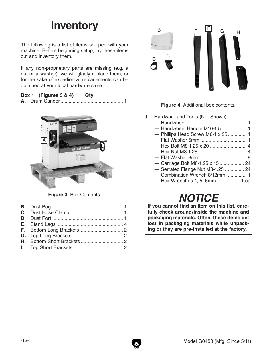 Inventory, Notice | Grizzly G0458 User Manual | Page 14 / 48