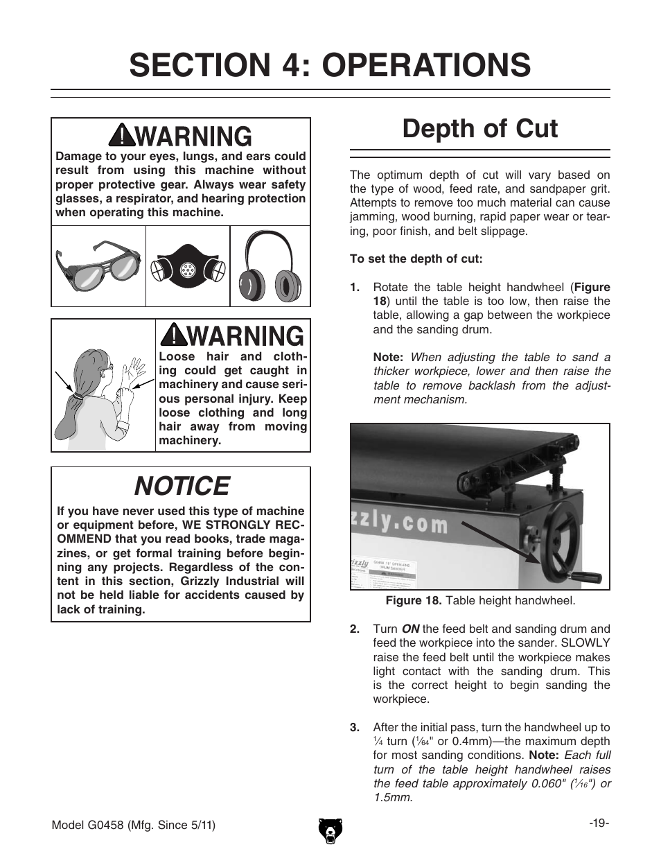 Notice, Depth of cut | Grizzly G0458 User Manual | Page 21 / 48