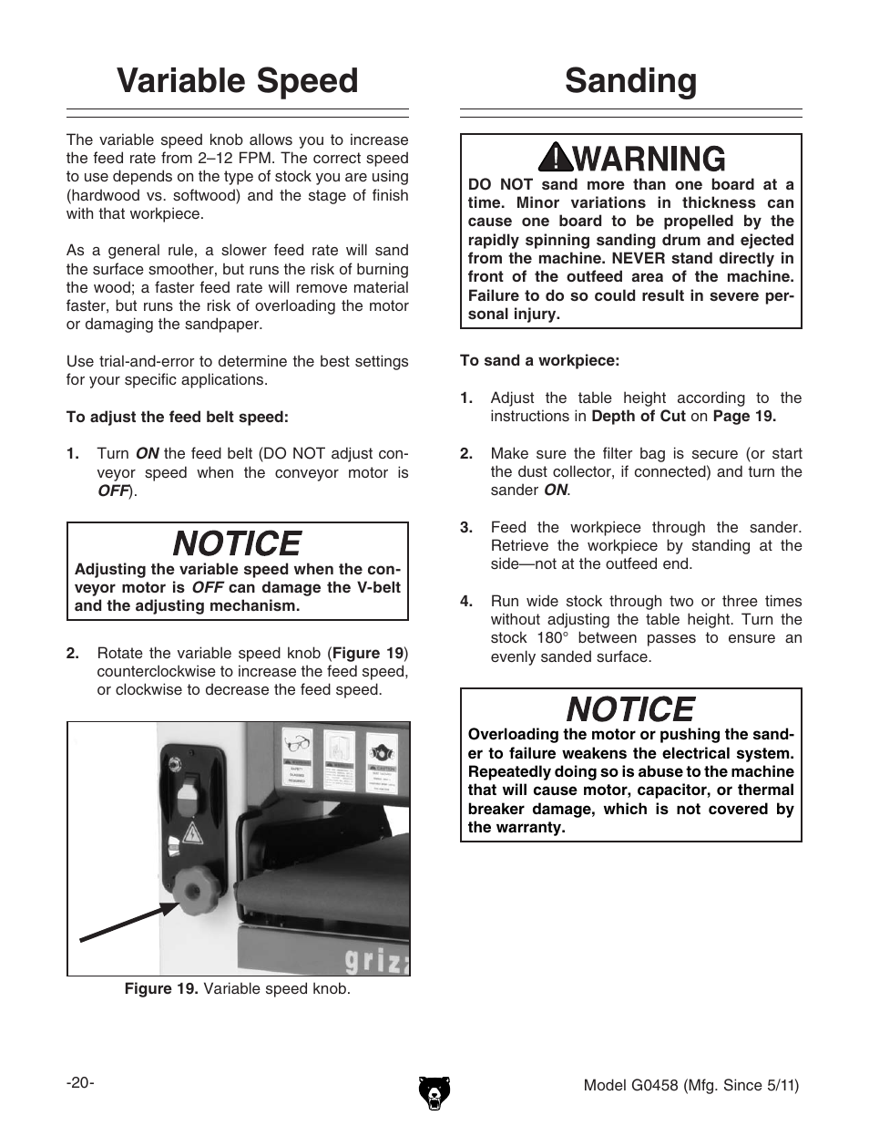 Variable speed, Sanding | Grizzly G0458 User Manual | Page 22 / 48