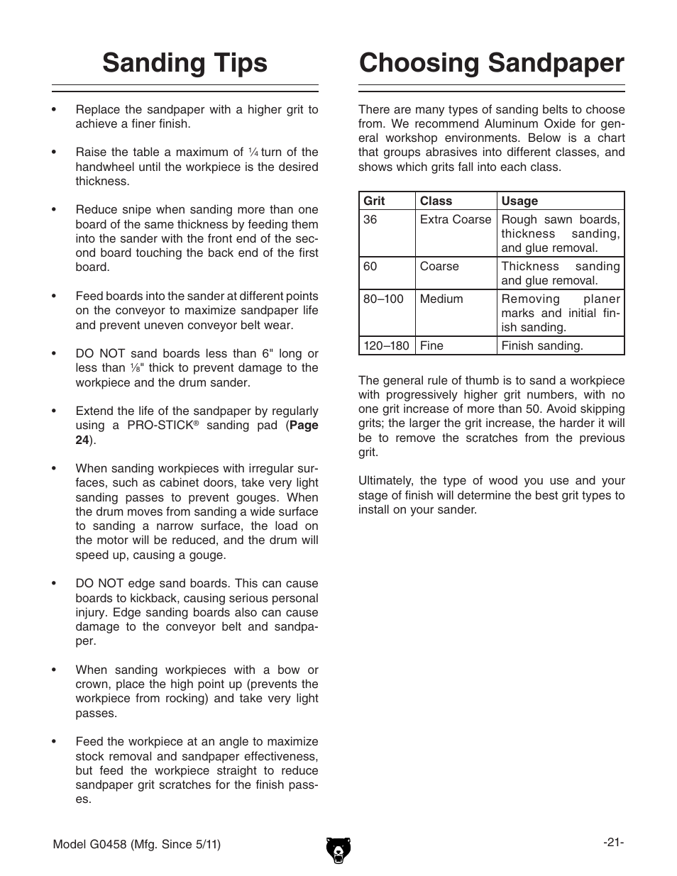 Choosing sandpaper, Sanding tips | Grizzly G0458 User Manual | Page 23 / 48