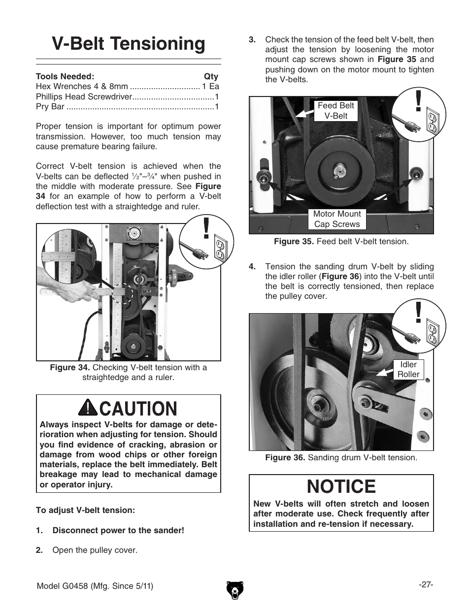 V-belt tensioning, Notice | Grizzly G0458 User Manual | Page 29 / 48
