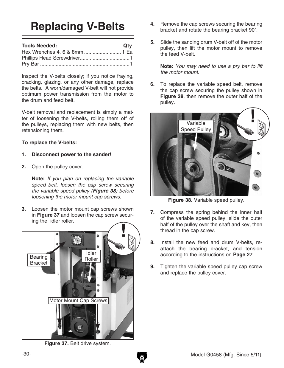 Replacing v-belts | Grizzly G0458 User Manual | Page 32 / 48