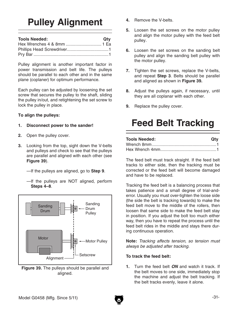 Feed belt tracking pulley alignment | Grizzly G0458 User Manual | Page 33 / 48