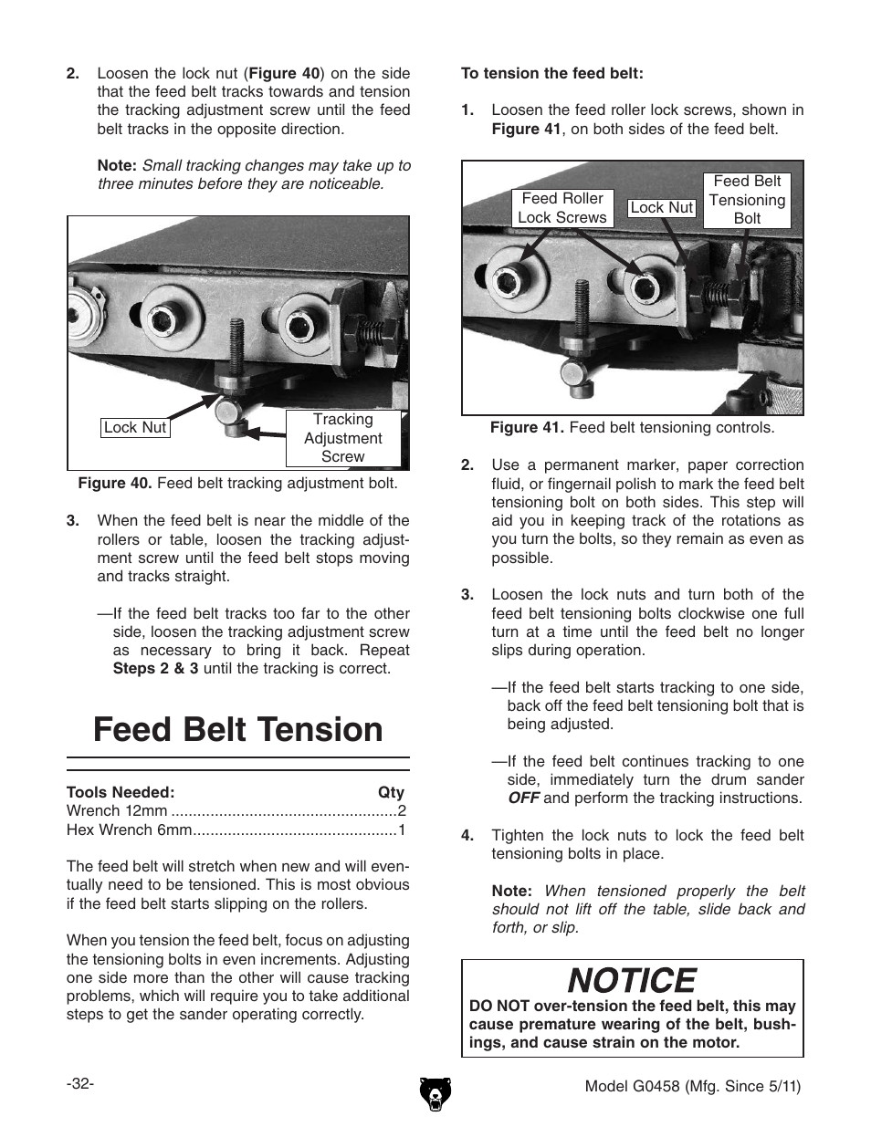 Feed belt tension | Grizzly G0458 User Manual | Page 34 / 48