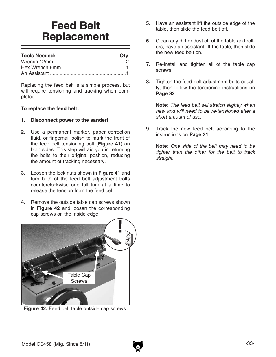 Feed belt replacement | Grizzly G0458 User Manual | Page 35 / 48
