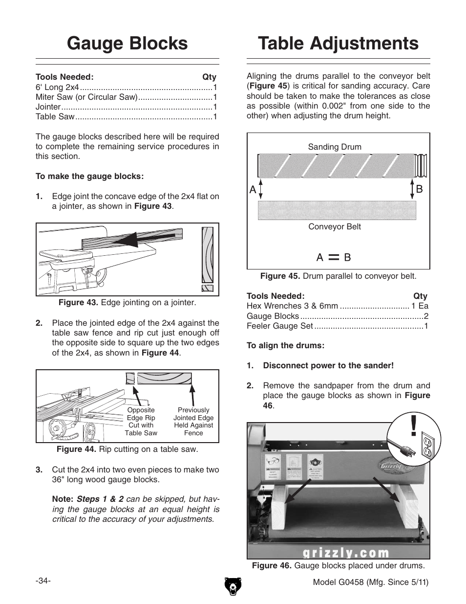 Gauge blocks, Table adjustments | Grizzly G0458 User Manual | Page 36 / 48