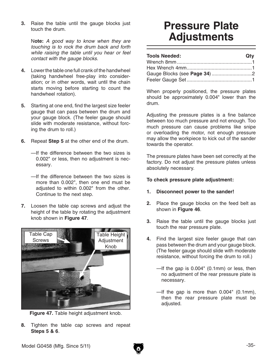 Pressure plate adjustments | Grizzly G0458 User Manual | Page 37 / 48