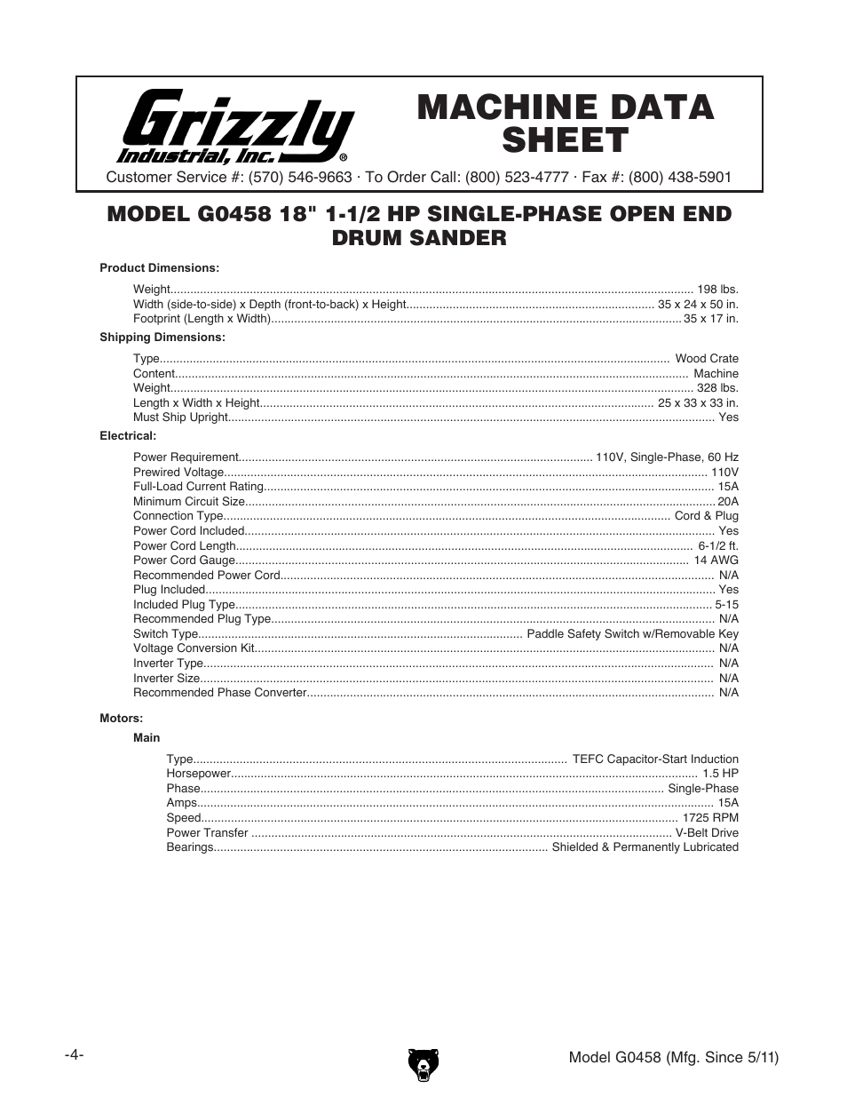 Machine data sheet | Grizzly G0458 User Manual | Page 6 / 48