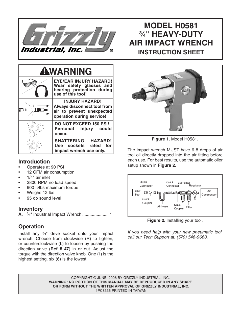 Grizzly 3/4" Heavy Duty Air Impact Wrench H0581 User Manual | 2 pages